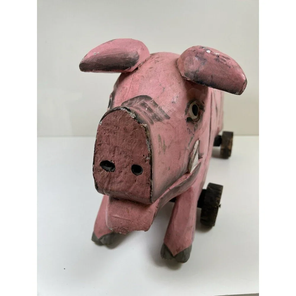 Vintage Handcrafted Carved Wooden Pig on Wheels Art Sculpture Statue Country